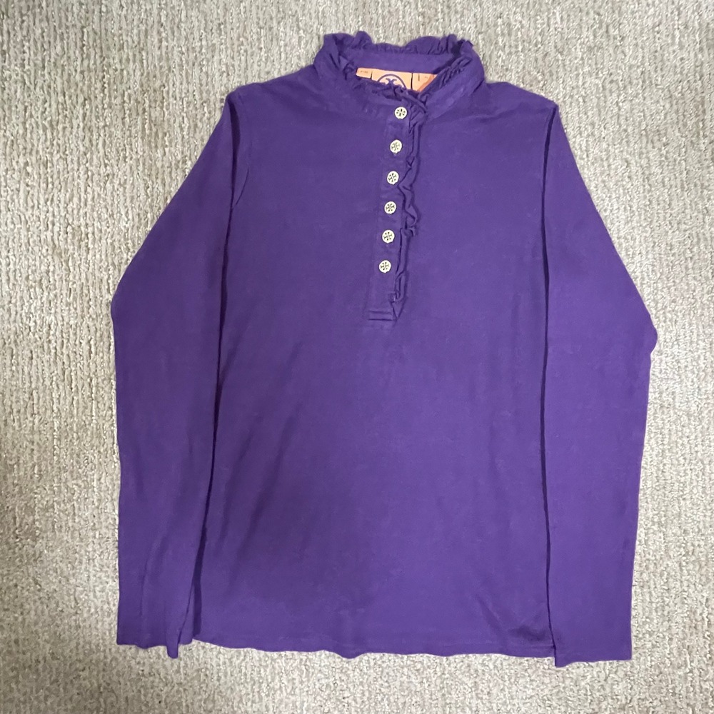 Tory Burch Top Kids XL Purple Ruffle Neck Logo Button Long Sleeve Royal Core